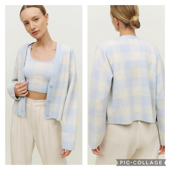 Reformation Sweaters - NWT Reformation Fonte Cashmere Cropped Tank and Cardigan Set Powder Blue Plaid